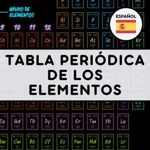 May include: A periodic table chart with the title "TABLA PERIODICA DE LOS ELEMENTOS" in large, bold text. The chart features elements with their symbols and atomic numbers, with a Spanish flag icon.