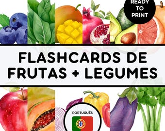 TARJETAS DE FRUTAS + LEGUMBRES / Tarjetas educativas imprimibles / Tarjetas Montessori para preescolar / Actividad para la educación en casa / Recurso para aprender portugués