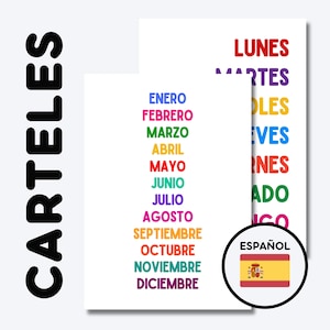 Cartazes educativos coloridos DÍAS + MESES | Arte de parede para sala de aula de espanhol | Educação Montessori | Decoração para pré-escola e jardim de infância