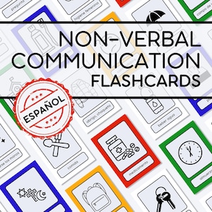 May include: A collection of non-verbal communication flashcards featuring black line art icons on white backgrounds with colored borders. Each card displays a specific object or action with Spanish text labels. A red circular stamp reads ESPAÑOL.