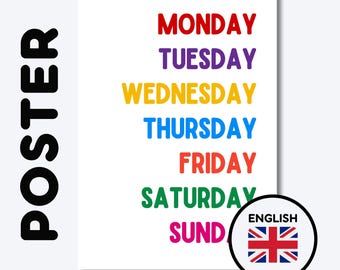 DAYS of the WEEK Poster | English Educational Wall Art | Classroom Decor | Montessori Education | Preschool + Kindergarten Classroom