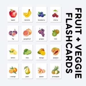 FRUIT + VEGGIE FLASHCARDS | apple, banana, blueberry, cherry, fig, grapefruit, grapes, kiwi, lemon, lime, mango, papaya, orange, pear, peach, pineapple