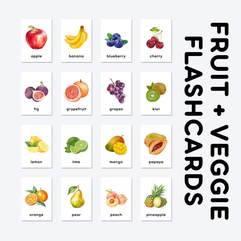 FRUIT + VEGGIE FLASHCARDS | apple, banana, blueberry, cherry, fig, grapefruit, grapes, kiwi, lemon, lime, mango, papaya, orange, pear, peach, pineapple