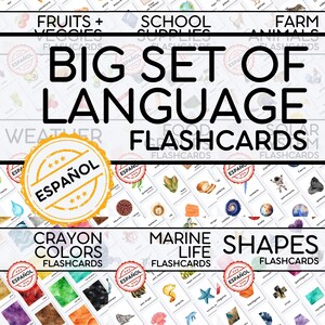 May include: A large collection of educational flashcards featuring various categories including fruits, vegetables, school supplies, farm animals, weather, crayon colours, marine life, and shapes, with the text BIG SET OF LANGUAGE FLASHCARDS.