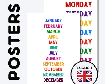 DAYS + MONTHS Colorful Educational Posters | English Classroom Wall Art | Montessori Education | Preschool + Kindergarten Learning Decor