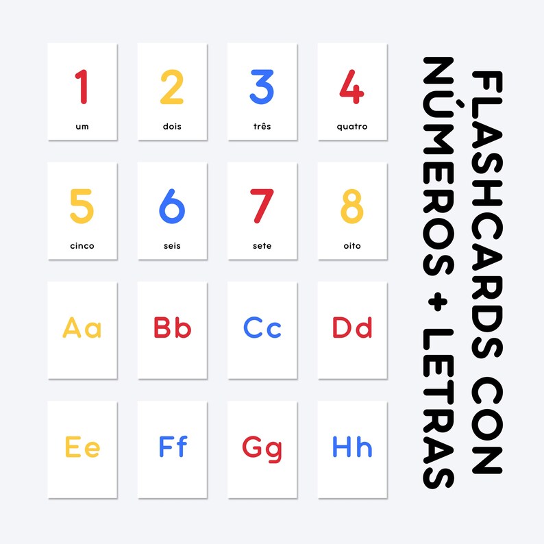 FLASHCARDS CON NÚMEROS + LETRAS | um, dois, três, quatro, cinco, seis, sete, oito, Aa, Bb, Cc, Dd, Ee, Ff, Gg, Hh