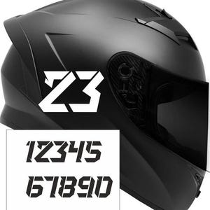 2x Custom helmet or fuel tank number decals stickers. All colors.
