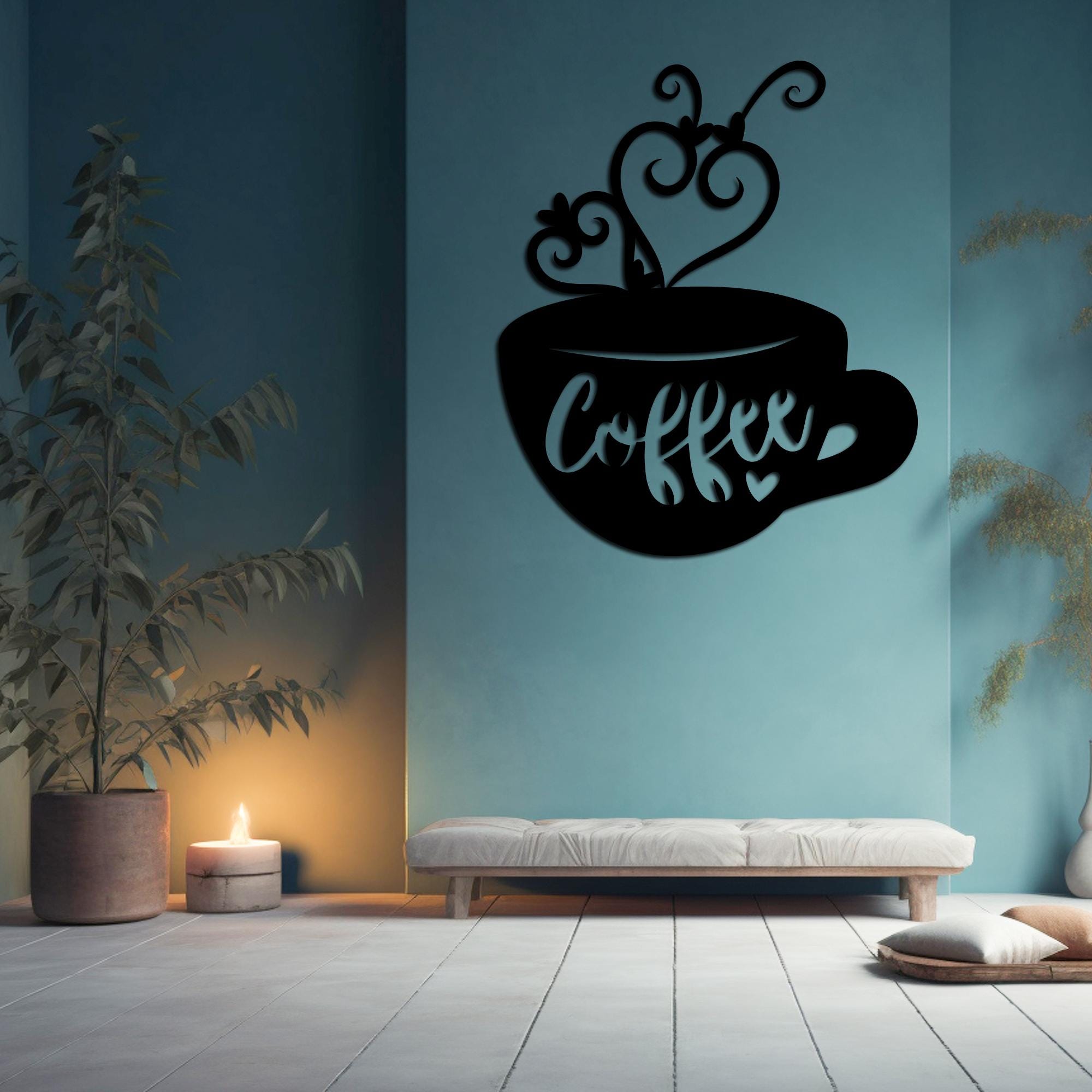 Decorazione Parete In Metallo Donna E Caffè - ACRNIGHEET Design Minimalista Nero 35x28 Cm Per Cucina E Soggiorno