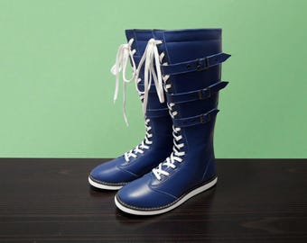 Leather Wrestling Boots, Blue Cosplay Lace Up Combat Shoes, Custom Buckled Tall Boots, Pro Wrestling boots for Wrestler Men Woman