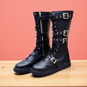 Handmade Combat Lace-Up Shoes, Black Gothic Punk Boots with Buckles, Steampunk Cosplay Leather Steampunk Military Boots for Men Women Gifts