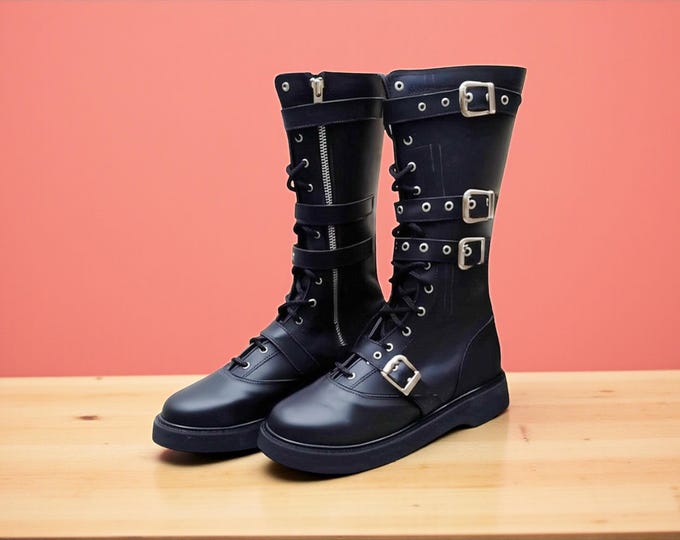 Handmade Combat Lace-Up Shoes, Black Gothic Punk Boots with Buckles, Steampunk Cosplay Leather Steampunk Military Boots for Men Women Gifts