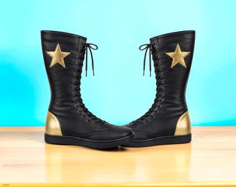 Handmade Wrestling Long Boots | Custom Leather Pro Wrestling Boots | High Top Ring Shoes | Men's Wrestling Footwear | Made to Order