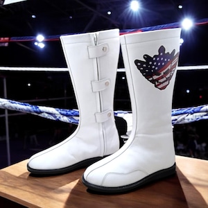Custom Wrestling Boots | Personalized Men Wrestling Boots with Custom Logo | Handmade Long Shoes | Pro Wrestling Gear | White Wrestling Boot