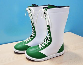 Handmade Wrestling Boots For Men Woman | Custom Green Leather Lace-Up Pro Combat Ring Shoes |  WWE Cosplay Gear for Wrestlers