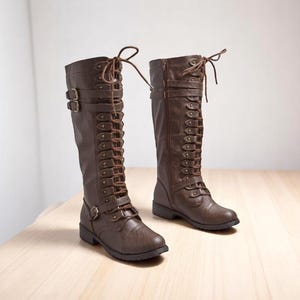 Custom Lace-Up Combat Boots with Buckles & Zipper Gothic Cosplay Footwear  Vintage Military Men Horse Riding Boots  Brown Knee-High Boots