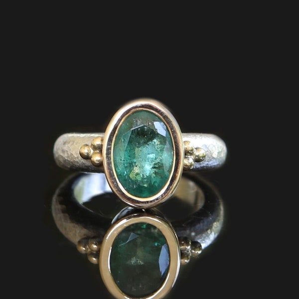 Unique Modern Alternative Engagement Ring, Natural 2.85 Ct Zambian Emerald Ring, Sterling Silver And 18K Gold Mixed Metal, Size 5