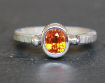 Hammered Sterling Silver Ring: 1.40ct Orange Sapphire, Size 7.5