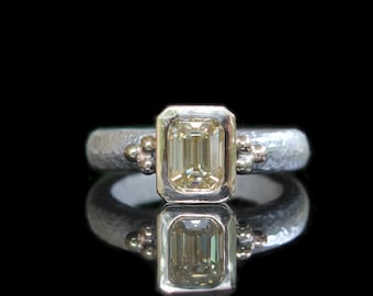 Handgeschmiedete .98ct Gelb Moissanit Smaragdschliff Gold 14K & Sterling Silber