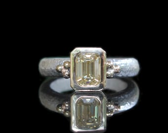 Hand Forged .98ct Emerald Cut Yellow Moissanite 14K Gold & Sterling Silver