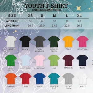 May include: A chart displaying Gildan 5000B youth t-shirt sizes and colors. The size chart shows XS to XL with width measurements from 16 to 20 inches and lengths from 20.5 to 26.5 inches. Colors include Ash, Black, Dark Heather, Forest Green, Gold, and more.