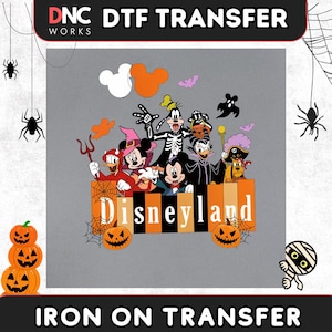 May include: A DTF transfer featuring Disney characters in Halloween costumes, including Mickey, Minnie, Donald, Goofy, and Pluto. The design includes the text Disneyland, orange and white Mickey-shaped balloons, spiderwebs, and jack-o'-lanterns.
