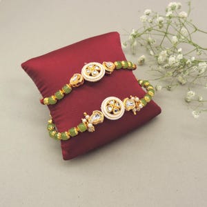 Traditional Bhaiya Bhabhi Rakhi Set with Green Beads & Kundan Work – Handcrafted Raksha Bandhan Gift