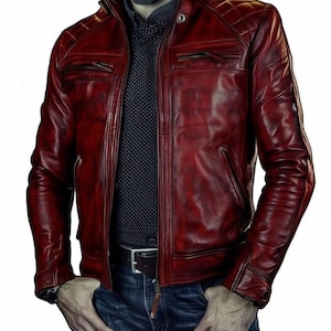 Mens Handmade Slim Fit Diamond Quilted Burgendy Red Motorcycle Leather Jacket | Men Vintage Red Biker Leather Jacket
