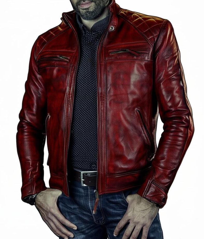 Mens Handmade Slim Fit Diamond Quilted Burgendy Red Motorcycle
