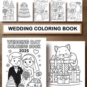 May include: A wedding-themed coloring book featuring line drawings of cakes, rings, and couples. The title 'WEDDING COLORING BOOK' is displayed in white on a brown background. Other pages show a bride, groom, a cat, and gift boxes.