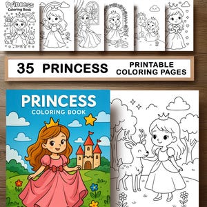 Libro para colorear de princesas para niñas, páginas imprimibles kawaii para niños pequeños, actividad preescolar, regalo para baby shower, PDF, tamaño A4, tamaño carta de EE. UU., de 3 a 8 años