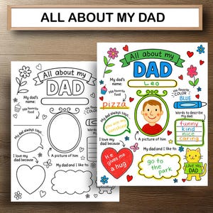 Alles over mijn vader Afdrukbare Vaderdag-vragenlijst Cadeau van kinderen Vul de blanco kleurkaart in DIY-activiteitenwerkblad voor kleuters A4