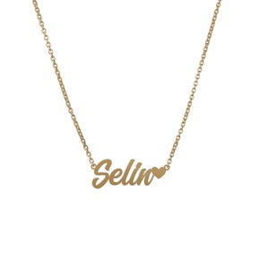 Collar con nombre escrito a mano personalizado, collar minimalista con dije de nombre, collar pequeño de oro macizo de 14 quilates para mujer, collar con forma de corazón, regalo para novia