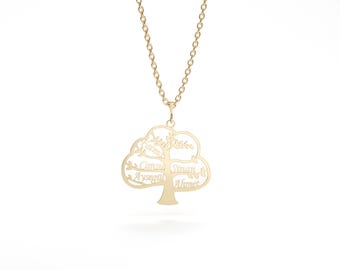 Custom Names Tree of Life Necklace, Personalized Family Tree Necklace, 14K Gold Minimalist Necklace, Statement Necklace, Mother Gift