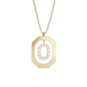 Collar con inicial personalizado para mujer, collar geométrico de oro macizo de 14 quilates, collar minimalista con letras de piedras preciosas, collar elegante, regalo de aniversario