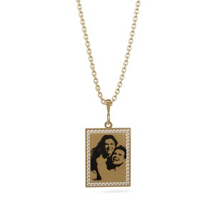 Collier photo personnalisé en or 14 carats : pendentif rectangle pavé de zircons