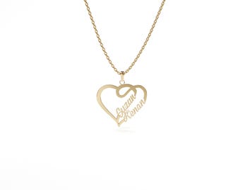 Custom Couple Names Heart Necklace, 14K Gold Personalized Names Necklace, Minimalist Couple Necklace, Tiny Necklace, Valentines Day Gift