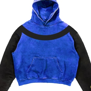 May include: A blue hoodie with black sleeves and a black horizontal stripe across the chest. The hoodie has a front pocket and a hood. The garment is made of a soft material.