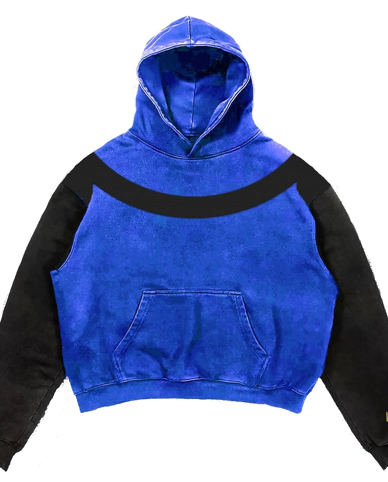 May include: A blue hoodie with black sleeves and a black horizontal stripe across the chest. The hoodie has a front pocket and a hood. The garment is made of a soft material.