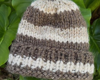 Handmade Striped Chunky Knit Beanie - Soft & Warm Wool Blend - Cozy Hat