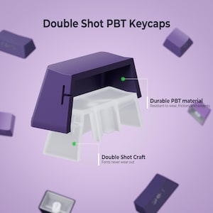 Peut inclure: Illustration d&eacute;taill&eacute;e d'un keycap PBT double injection violet, mettant en valeur sa construction. L'image met en &eacute;vidence le mat&eacute;riau durable et la fabrication double injection, avec du texte indiquant que les polices ne s'effaceront pas. Plusieurs keycaps sont pr&eacute;sents.