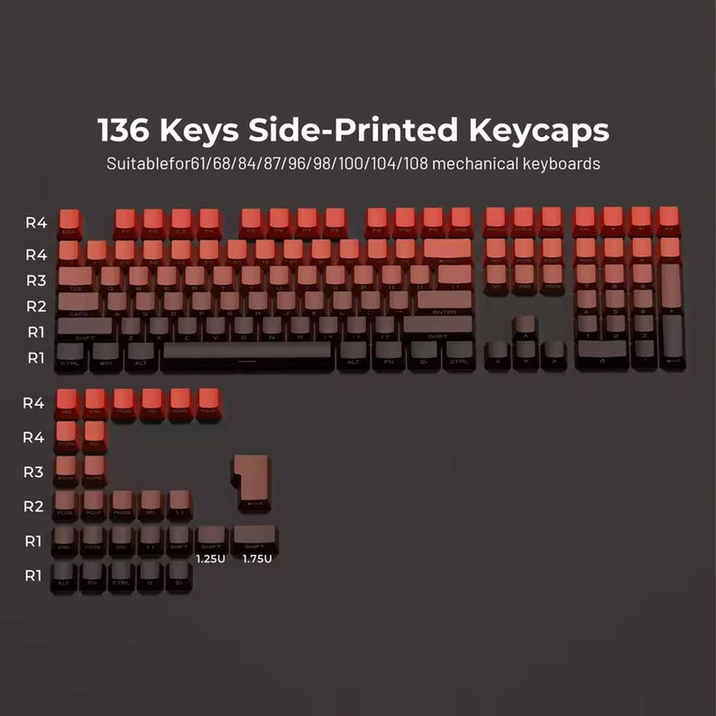 Peut inclure: Un ensemble de 136 touches de clavier &agrave; impression lat&eacute;rale, de couleurs rouge et noir, adapt&eacute;es aux claviers m&eacute;caniques. Les touches sont dispos&eacute;es pour montrer diff&eacute;rentes configurations. Le texte "136 Keys Side-Printed Keycaps" est visible.