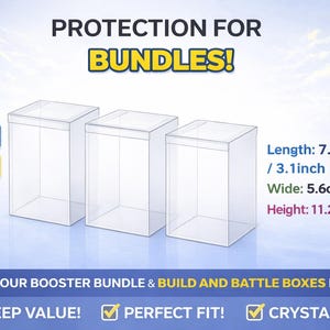 May include: Clear plastic protective cases for booster bundles. Each case measures 3.1 inches in length, 2.2 inches wide, and 4.4 inches high. The image includes text that says "Protection for Bundles!" and "Keep Value!"