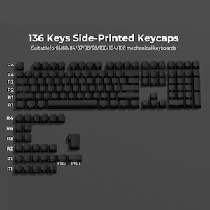 Peut inclure: Un ensemble de 136 touches noires &agrave; impression lat&eacute;rale pour claviers m&eacute;caniques. Les touches sont dispos&eacute;es en rang&eacute;es et en colonnes, avec diff&eacute;rentes tailles et formes. Le texte "136 Keys Side-Printed Keycaps" est en haut, avec des informations de compatibilit&eacute;.