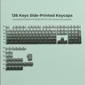 Peut inclure: Un ensemble de 136 touches lat&eacute;rales imprim&eacute;es pour claviers m&eacute;caniques. Les touches sont dispos&eacute;es en une disposition, avec un d&eacute;grad&eacute; du gris clair au gris fonc&eacute;. Le texte "136 Keys Side-Printed Keycaps" est en haut.