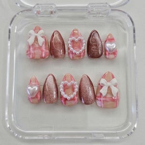 Cottagecore Cat Eye Pink Bow Press on Nails