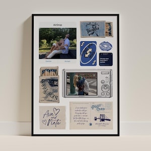 Op de afbeelding: Een ingelijste collage met verschillende afbeeldingen en tekstelementen. Het bevat een foto van een stel, een digitale camera, een ansichtkaart met een brugillustratie en de tekst "Ava and Nate". Andere elementen zijn "Yankees" en "Love You More".