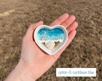 Heart Shaped Ocean Resin Trinket Dish – Handcrafted Ceramic Jewelry Dish, Beachy Home Decor
