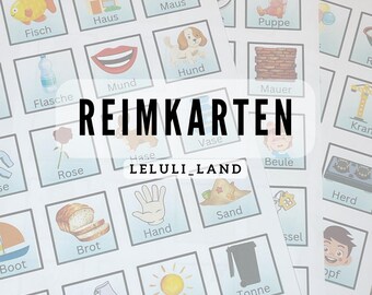 Puede incluir: Un conjunto de tarjetas ilustradas coloridas con imágenes y palabras alemanas para que los niños aprendan a rimar. Las tarjetas muestran imágenes de una casa, un pez, un ratón, un perro, una rosa, una mano, una bota, un zapato, un sol, una vaca, una botella, una boca, un jarrón, una pared, una bolsa, una hogaza de pan, un montón de arena, un contenedor de basura, una muñeca, una grúa, una estufa y un globo.