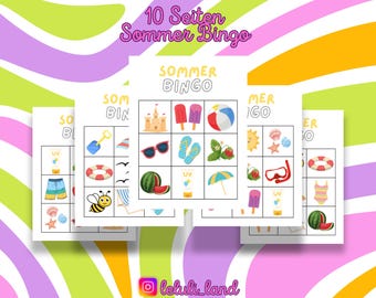 Bingo estivo, modello stampabile di 10 pagine, carte stampabili, divertenti giochi estivi per bambini e adulti, campo estivo, vacanza, compleanno