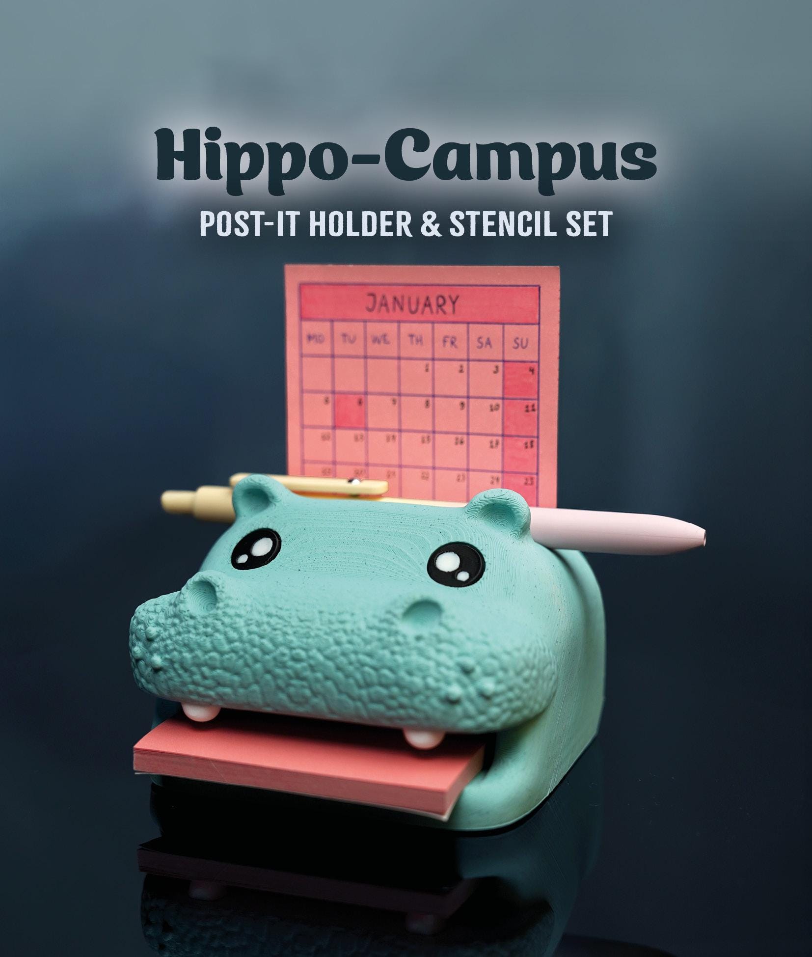 Hippo Desk Organizer – Pen & Sticky Note Holder With Stencils